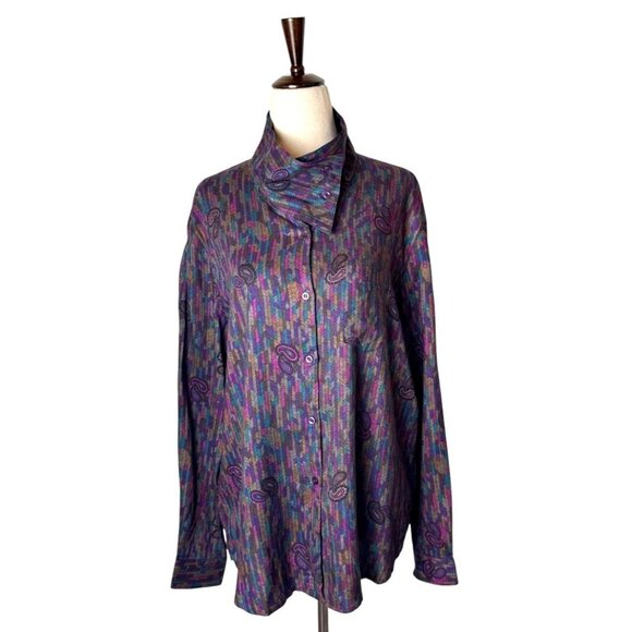 Diane Von Furstenberg Shirt Women 16 Purple‎ Paisley Retro Vintage Button Down - Picture 1 of 10